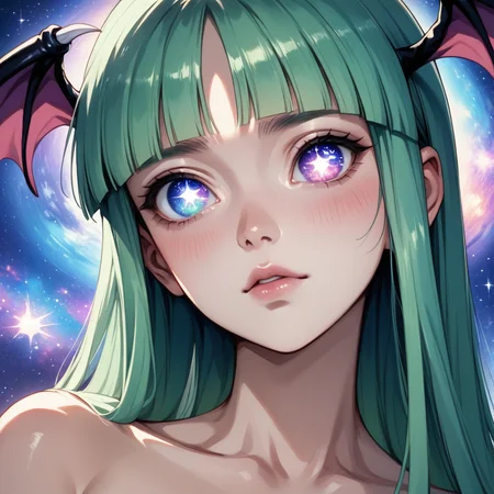 score_9, score_8_up, score_8, (source_anime), eyedetailxl, bettereyes, detailed_eyes, BREAK, Morrigan Aensland, blush, perfect face, 1woman, 22 years old, (galaxy_eyes), galaxy eyes, MorriganAe, hime_cut, emerald_green hair, blunt bangs, close-up, focus on eyes, focus on face,