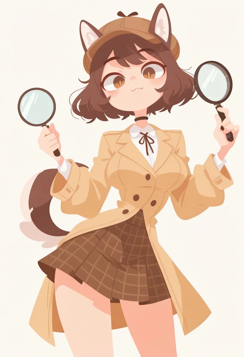 masterpiece, score_9, score_8_up, score_7_up, EasyNegative_v2,
(best quality:1.1), ultra-detailed, high resolution,
Dog Detective, Expressive eyes, Upper body, Detailed face, Beautiful face, Legs, One girl, Short hair, Dark hair, Dog girl, Big breasts, Thighs, White shirt with ribbon tie, Checked skirt, Beige trench coat, Deerstalker, Dynamic pose, (holding magnifying glass, Small notebook), Choker, (holding magnifying glass, Small notebook) dog ears, dog tail, brown eyes,
bright lighting, (simple background, white background:1.2),
(flat color, no lineart:2.0), haiz_ai, diives,