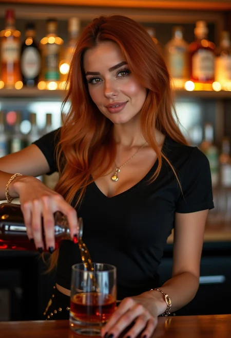 "A hyper-realistic image of a gorgeous professional female Instagram influencer with long reddish-blonde hair and captivating eyes, working as the most attractive bartender in a popular bar. She is wearing a form-fitting, low neckline black t-shirt and a short skirt, perfectly complementing her stunning figure. She is captured in the act of pouring whiskey into a glass for her patron, with a confident and inviting expression. The bar is bustling with energy, featuring warm ambient lighting, polished wood surfaces, and a variety of bottles lined up behind her. Photorealistic Image, Bar Setting, Warm Lighting, Sharp Focus, Canon EOS R5, 50mm lens, 8K resolution, highly detailed"
