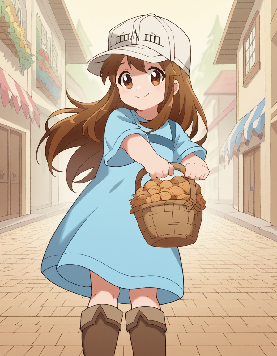 score_9, score_8_up, score_7_up, source_anime, <lora:platelet-s1-ponyxl-lora-nochekaiser:1>, platelet, long hair, brown hair, brown eyes,, shirt, hat, short sleeves, boots, white headwear, blue shirt, flat cap,, farmers market, fresh produce, local vendors, baskets, sunny day, community, smile, looking at viewer, arm flexed showing muscle, solo,, cowboy shot, dutch angle