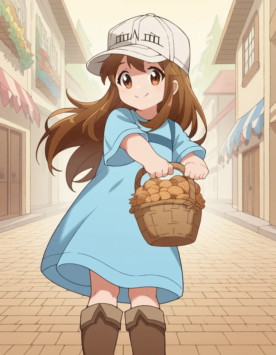 score_9, score_8_up, score_7_up, source_anime, <lora:platelet-s1-ponyxl-lora-nochekaiser:1>, platelet, long hair, brown hair, brown eyes,, shirt, hat, short sleeves, boots, white headwear, blue shirt, flat cap,, farmers market, fresh produce, local vendors, baskets, sunny day, community, smile, looking at viewer, arm flexed showing muscle, solo,, cowboy shot, dutch angle