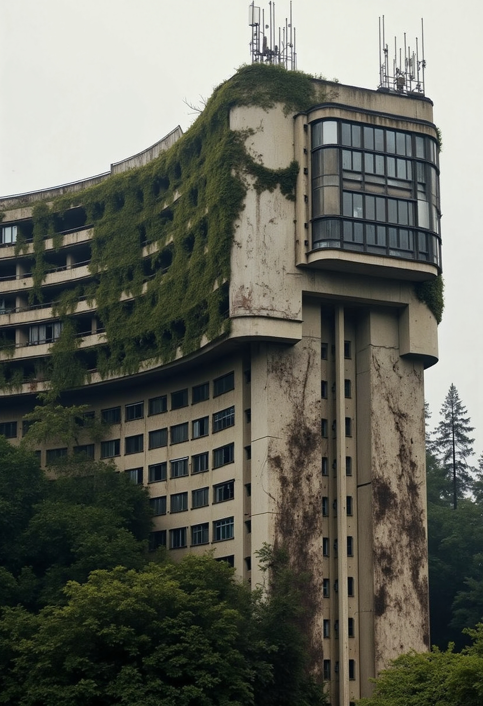 A brutalist tall building lost in the jungle. Its walls are moldy and decayed, and in some places the facade has fallen. Some antennas are visible on the top of the building but they are covered by intertwining ivy.