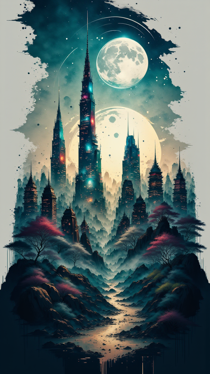 Concept art, The skyline of Glimmering is a canvas of shimmering colors, with towering glass and steel structures forming intricate patterns. A sea of blues and greens fills the air as the sun sets behind the city, Happy, aidmainkstyle