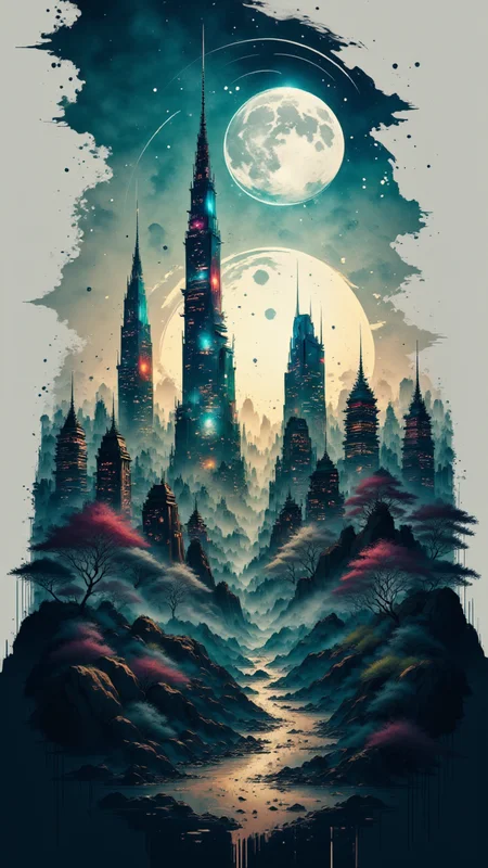 Concept art, The skyline of Glimmering is a canvas of shimmering colors, with towering glass and steel structures forming intricate patterns. A sea of blues and greens fills the air as the sun sets behind the city, Happy, aidmainkstyle