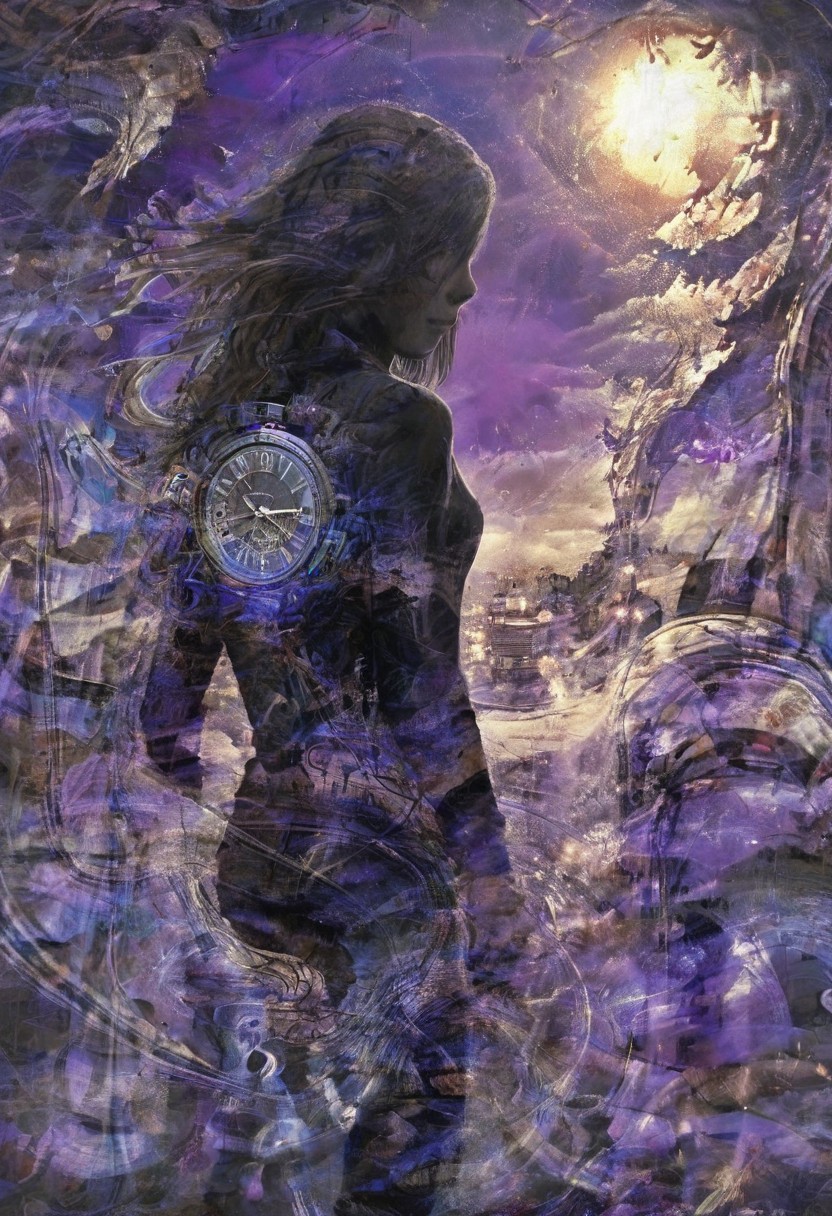 a world inside me, street, epic fantasy, dark fantasy, gritty, real, graffiti, long hair, silhouette, expressionism art, fractals, stopwatch, deep purple and gray, at dusk, cinecolor, (dimmed colors:1.1), hdr, mentixis, linquivera