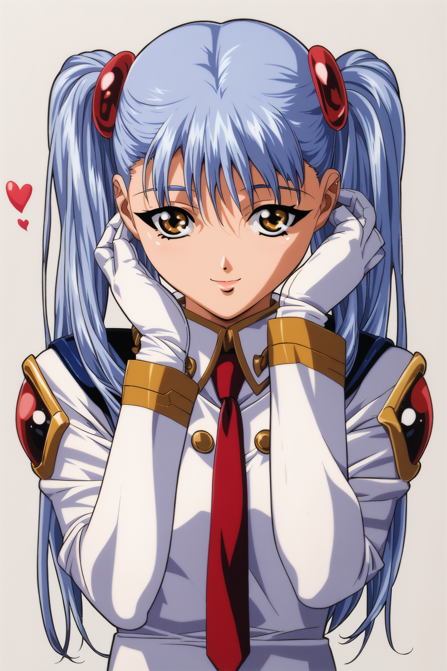 score_9,score_8_up,score_7_up,masterpiece,best quality,
Keiji Gotoh Style,
Hoshino Ruri,white uniform,1girl,solo,twintails,gloves,1990s \(style\),heart,long hair,yellow eyes,long sleeves,retro artstyle,white background,simple background,white gloves,brown eyes,light blue hair,looking at viewer,hands up,light smile,red necktie,adjusting hair,
<lora:mix_XL_PONY:0.9>,