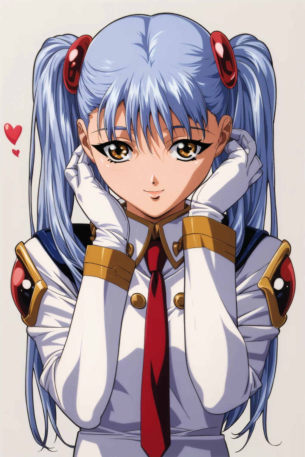 score_9,score_8_up,score_7_up,masterpiece,best quality,
Keiji Gotoh Style,
Hoshino Ruri,white uniform,1girl,solo,twintails,gloves,1990s \(style\),heart,long hair,yellow eyes,long sleeves,retro artstyle,white background,simple background,white gloves,brown eyes,light blue hair,looking at viewer,hands up,light smile,red necktie,adjusting hair,
<lora:mix_XL_PONY:0.9>,