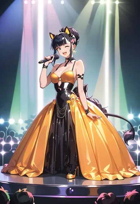 score_9, score_8_up, score_7_up, score_6_up,
1girl, solo girl, black hair, fringe cut, pontail hairstyle, full body,
medium breast, hour glass figure, milf, milf body
idol dress, black idol dress,
on stage, holding microphone, looking at viewer, singing, wink, winking
cyberpunk lights, neon signs,