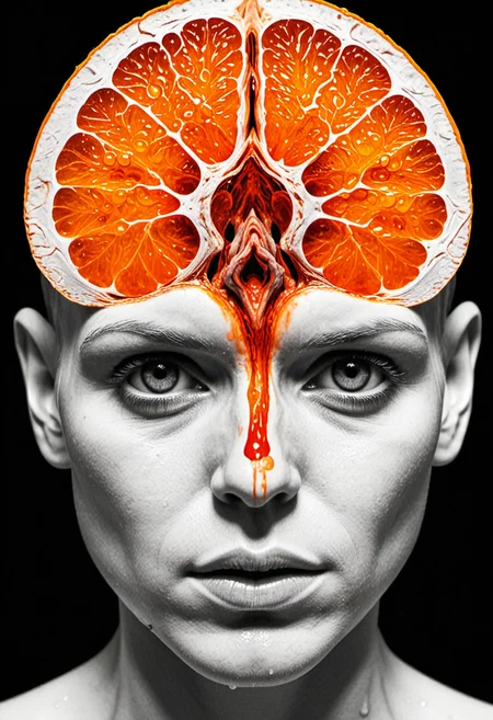 , Anatomical cross-section of a human head, where the brain is replaced by an intricately detailed blood orange, with neural pathways formed by pith and thoughts visualized as juice droplets, medical illustration style with hyper-realistic textures, selective color emphasis on orange hues against monochrome anatomy, inspired by Gray's Anatomy and Damien Hirst, symmetrical composition, provoking reflection on consciousness and the nature of cognition.