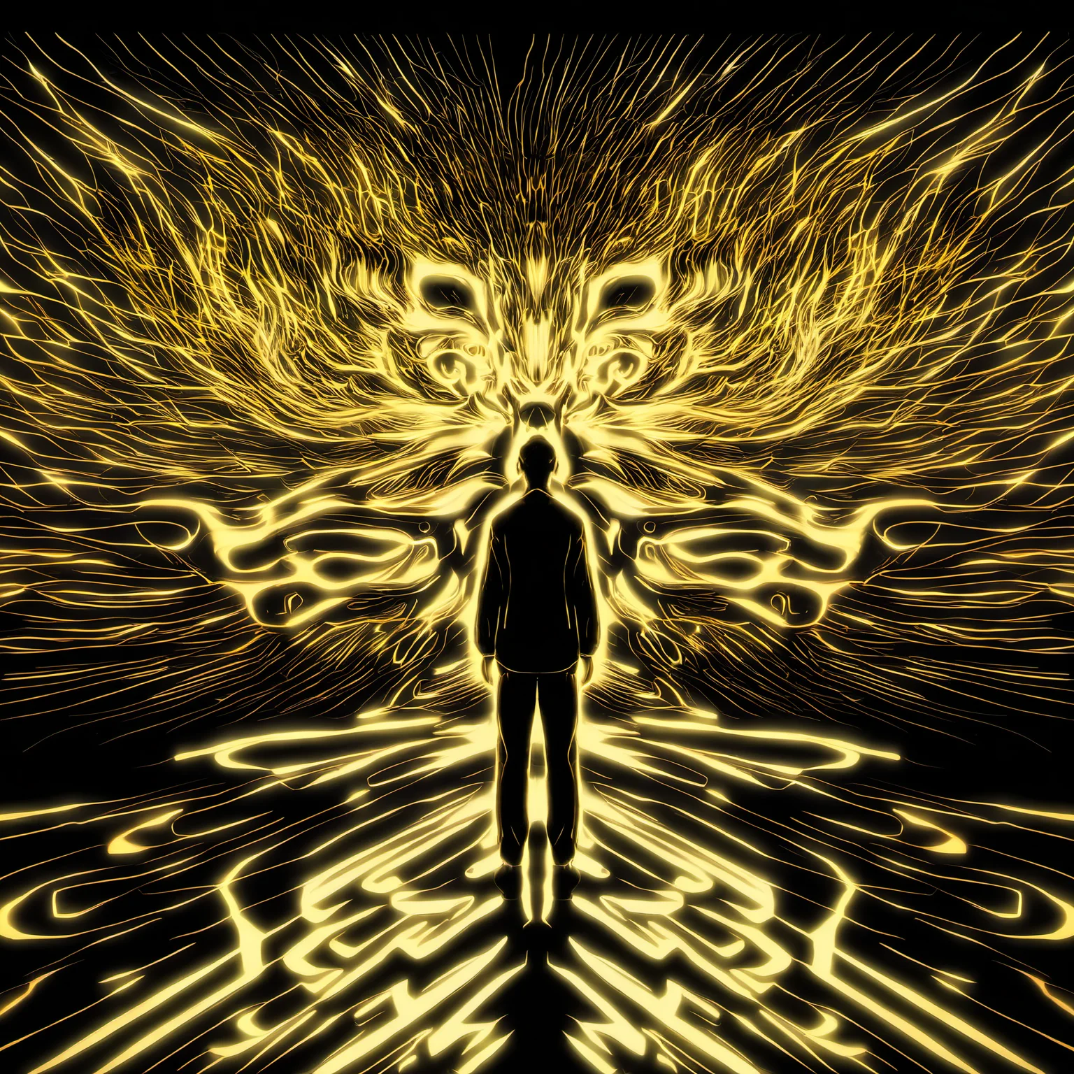 a man standing in front of a projection of immortal,halo,<lora:eastern_mythology_xl:0.7>,golden line,