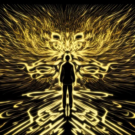 a man standing in front of a projection of immortal,halo,<lora:eastern_mythology_xl:0.7>,golden line,