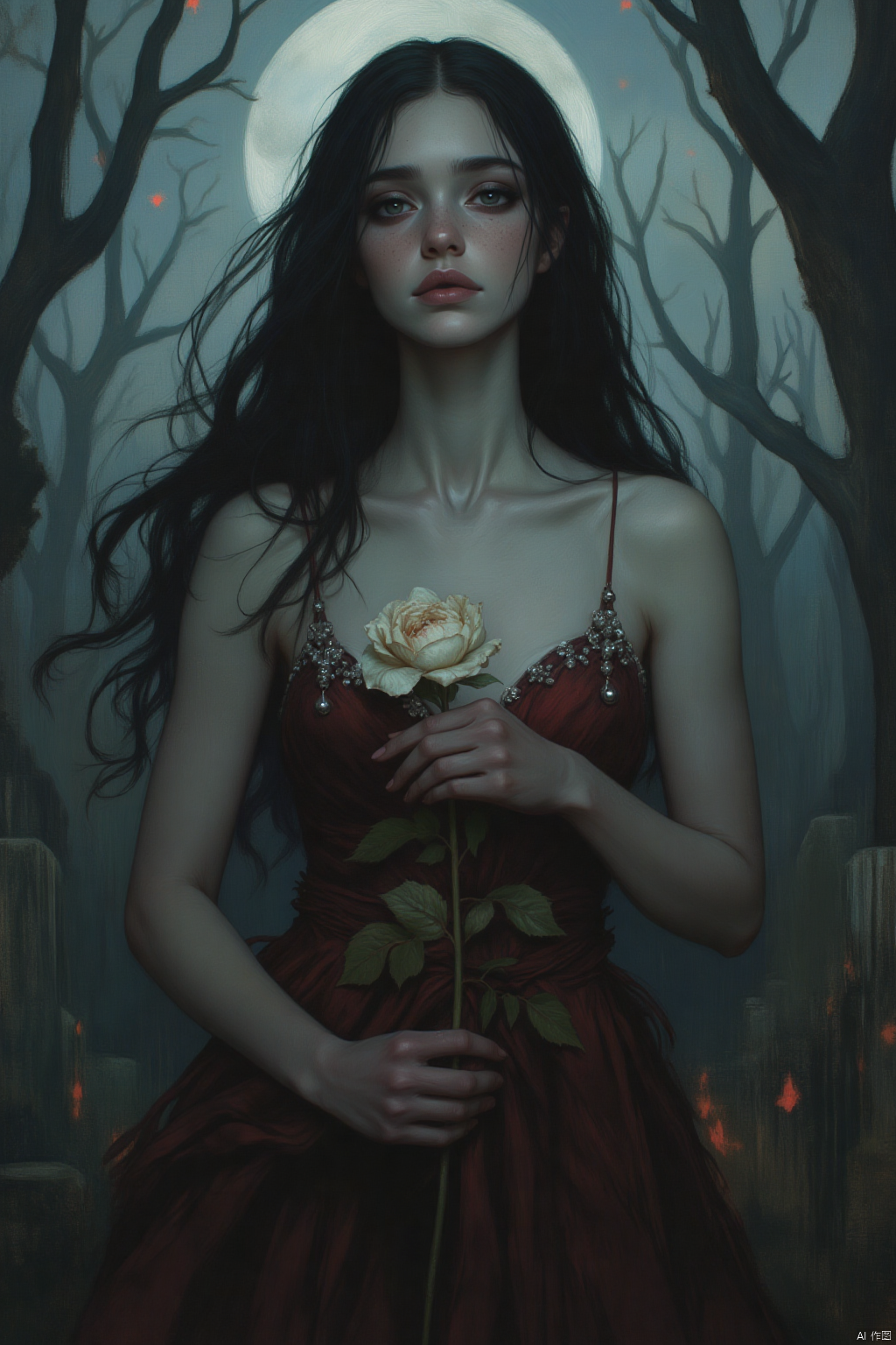 OBxiaoxiang,
A young woman with skin like polished alabaster, her dark eyes reflecting the haunting beauty of a moonlit cemetery. Her hair, a raven's wing, drapes around her in a cascade of midnight shadows. Her attire is a flowing, dark red gown, adorned with silver embellishments that shimmer under the spectral moonlight. She holds a withered, yet oddly beautiful, white rose, its delicate petals contrasting sharply with the darkness around her. The background depicts a moonlit graveyard, with softly glowing tombstones and the whispers of ancient, ghostly figures. The overall impression is one of haunting beauty, where the beauty and the macabre blend seamlessly together, creating an image of timeless allure.
