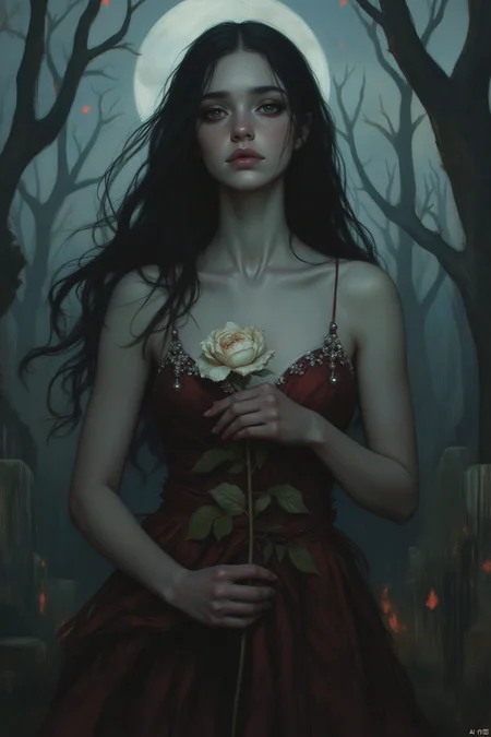 OBxiaoxiang,
A young woman with skin like polished alabaster, her dark eyes reflecting the haunting beauty of a moonlit cemetery. Her hair, a raven's wing, drapes around her in a cascade of midnight shadows. Her attire is a flowing, dark red gown, adorned with silver embellishments that shimmer under the spectral moonlight. She holds a withered, yet oddly beautiful, white rose, its delicate petals contrasting sharply with the darkness around her. The background depicts a moonlit graveyard, with softly glowing tombstones and the whispers of ancient, ghostly figures. The overall impression is one of haunting beauty, where the beauty and the macabre blend seamlessly together, creating an image of timeless allure.