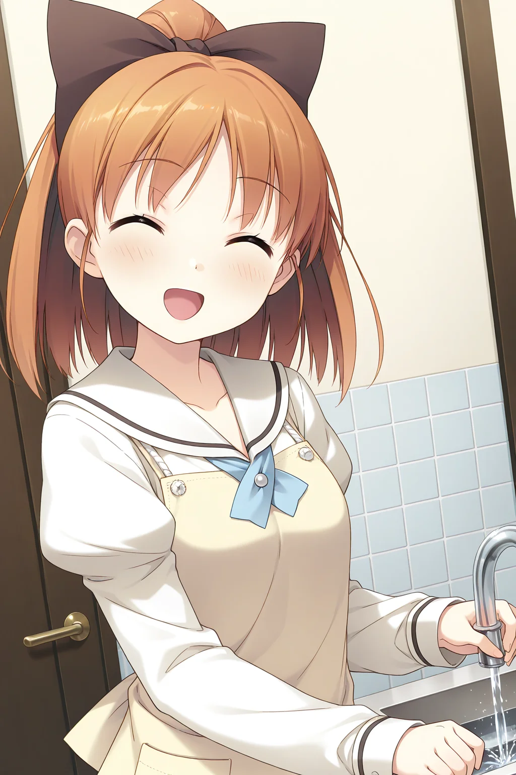 masterpiece, best quality, absurdres, official art, official style, rating general BREAK <lora:minagawayuuhi_IL_v1-1:0.7>, minagawa yuuhi, 1girl, solo, open mouth, green eyes, brown hair, orange hair, short hair, high ponytail, wide ponytail, hair bow, large bow, black bow, medium breasts, school uniform, serafuku, white sailor collar, blue bowtie, yellow sweater vest, white shirt, juliet sleeves, sleeves past wrists, buttons, yellow apron, pocket, yellow bow, back bow, closed eyes, blush, :d, indoors, cucumber, upper body, faucet, water, ^o^, sink, collarbone, kitchen, facing viewer, happy, dutch angle, washing