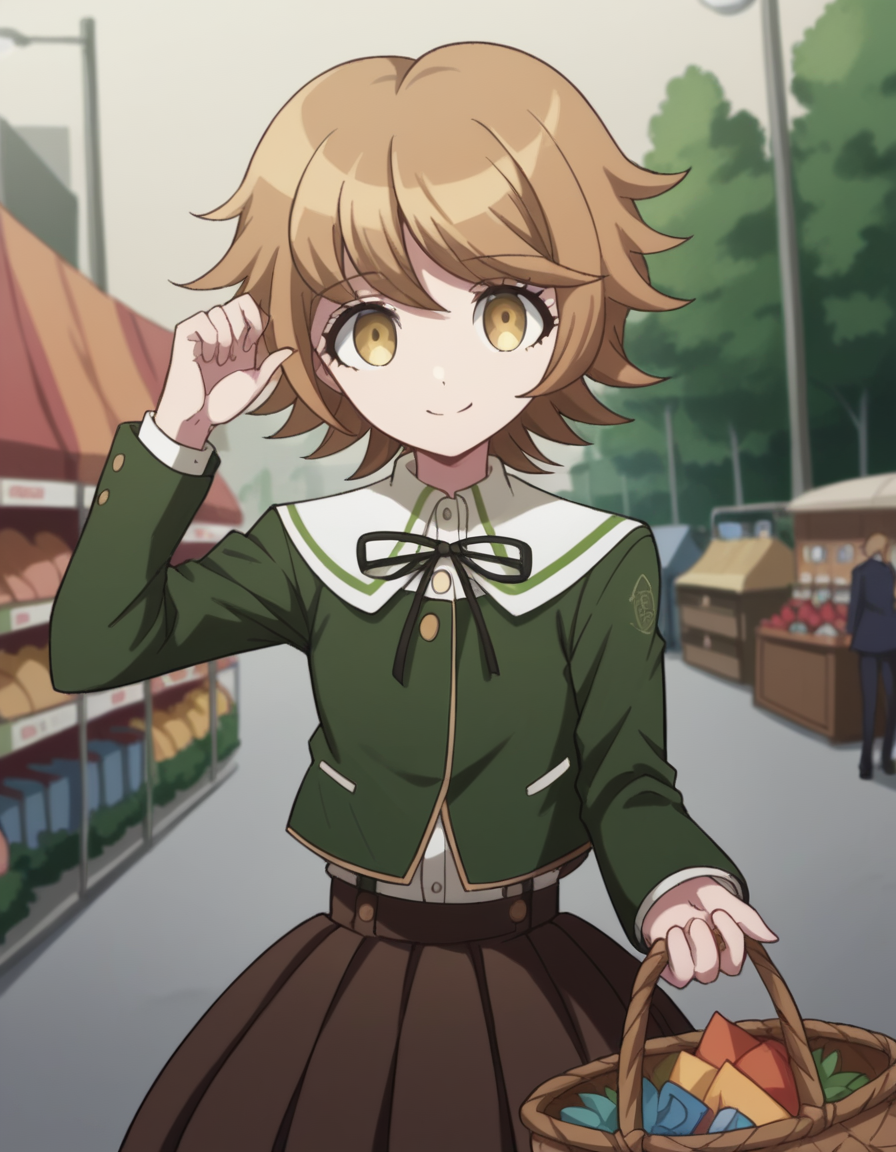 score_9, score_8_up, score_7_up, source_anime, <lora:chihiro-fujisaki-s1-ponyxl-lora-nochekaiser:1>, chihiro fujisaki, short hair, bangs, brown hair, brown eyes, male focus, otoko no ko,, skirt, shirt, long sleeves, ribbon, school uniform, jacket, pleated skirt, black ribbon, neck ribbon, brown skirt, green jacket,, farmers market, fresh produce, local vendors, baskets, sunny day, community, smile, looking at viewer, hand palm facing up, solo,, cowboy shot, dutch angle