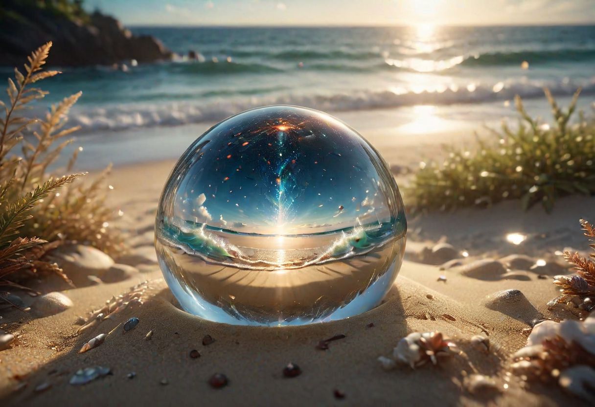 glass ball with a galaxy inside, a galactic storm inside, space reflection beige, lies on a squeak on the beach, 8k, vray, IMax, hyperrealism, perfect light, bokeh Carl Zeiss 85mm, small depth of field, photorealistic, masterpiece, high resolution, best quality, cinematic shot, ultra-detailed, super realistic, Hyperrealistic art, high-quality, ultra high res, highest detailed, lot of details, Extremely high-resolution details, photographic, realism pushed to extreme, incredibly lifelike,