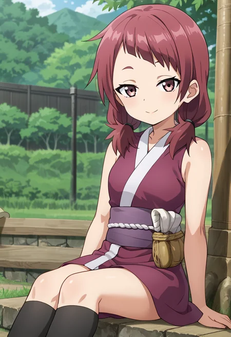 <lora:shakuyako:0.7> shakuyako, smile, looking at viewer, outdoors, wariza, sitting, japanese clothes, sleeveless, kneehighs,