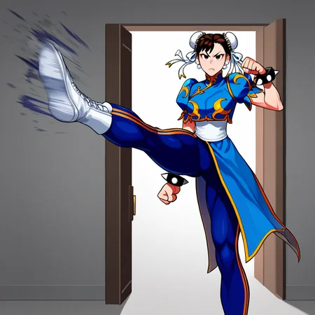 score_9, score_8_up, score_7_up, score_6_up, score_5_up, score_4_up, zPDXL2,source_anime,rating_questionable, 1girl, solo, cowboy shot, determined, chun li <lora:doorkick:0.8> drk1ck, kicking, open door