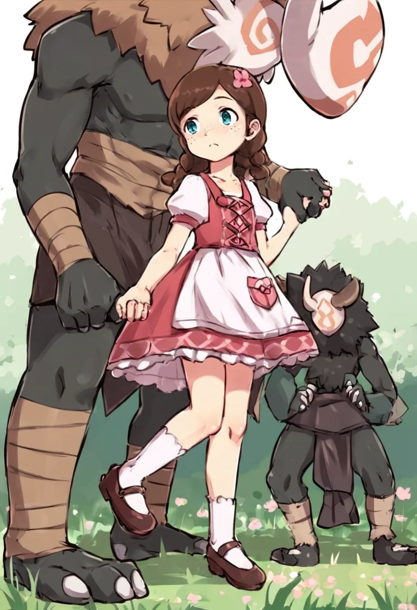 score_9, score_8_up, score_7_up, score_6_up, score_5_up, source_anime BREAK
<lora:Genshin_NPC_EllaMusk_Pony_v1:0.75>, 1girl, 1boy, full body, grassy field, running, (hilichurl:1.5), holding hands, teal eyes, brown hair, swept bangs, twin braids, (hair flower, hair ornament:1), collarbone, pink dress, flower pattern, short sleeves, white sleeves, (white apron:1.1), puffy sleeves, white socks, bobby socks, brown footwear, (mary janes:1.5), (freckles on cheeks and nose:1.3), (tareme:1.5), expressionless, from side,