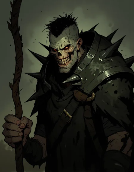 Ev Ganin style. This digital drawing features a formidable, skeletal warrior standing in a dramatic, gritty environment. The warrior is depicted in a menacing, high contrast, dark and light color palette with a focus on shadow and highlights. His face is a skull, complete with glowing, red eyes and sharp, jagged teeth, giving him a menacing appearance. His skin is a sickly greenish hue, adding to the macabre atmosphere. He has a mohawk-style haircut with a dark, spiky texture. <lora:Ev_Ganin:1.0>