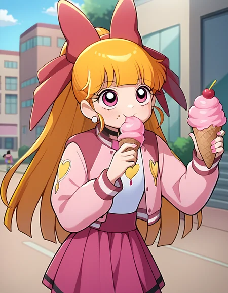 score_9, score_8_up, score_7_up, 1girl, source_anime, momoko blossom, , pink leotard, sleveless pink jacket , pink skirt, <lora:Momoko-40:1> eating an ice cream
