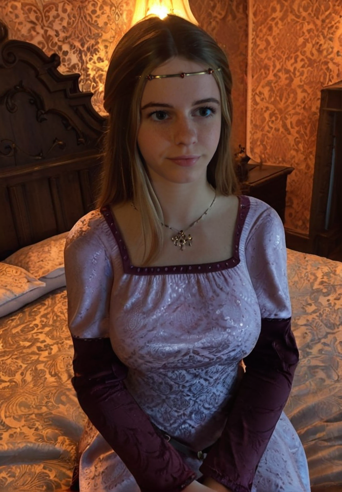 instagram photo, front view, portrait photo of a 19 year old woman, <lora:Rosa_Ruthard-1:1>, (medium breasts), wearing a medieval nightgown, sitting on a bed, in a royal bedroom, high detail, beautiful face, (full body), shy expression