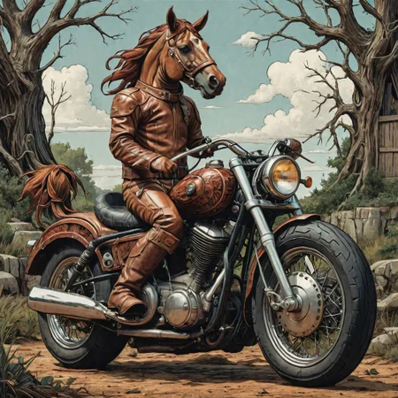 a motorcycle shaped like a horse, color image by Becky Cloonan