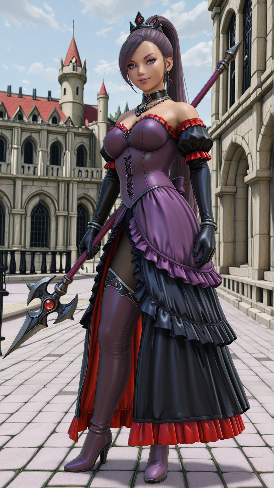 <lora:Dandonfuga_Style:0.4>, d4ndon, <lora:Darklord_Style_Illustrious:0.6>, darklordstyle, realistic, masterpiece, best quality, highres, sharp focus, HDR, high contrast, medieval fantasy, castle, courtyard balcony, country skyline, full body view, dynamic angle BREAK
<lora:Jade_Illustrious:0.8>, 1girl, jade, purple hair, purple eyes, long ponytail, black crown, jewelry, black necklace, black battledress gloves, purple battledress corset, black pantyhose, black battledress frill skirt, purple battledress thigh heel boots, standing, holding spear, looking at viewer,