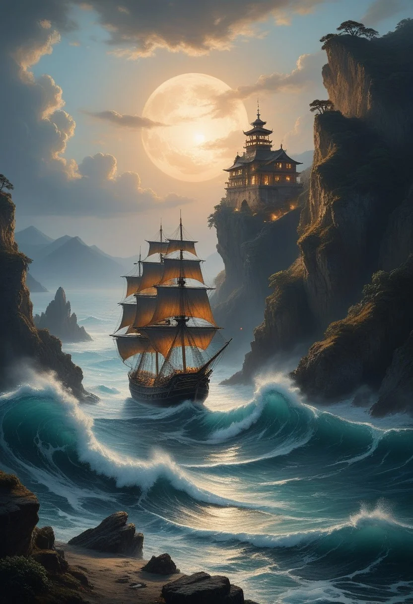 ocean nomadraft made of planks, Hokusai (woodblock waves), Mediterranean cliffside cove at dusk, black smokers vent fauna. icebreaker ship trapped, porcelain crab hiding,
8K resolution, ultra-detailed cinematic composition, contemporary concept art style, volumetric magical atmosphere with ethereal glow, rich complementary color palette, vivid gradients and chiaroscuro contrast, dynamic perspective with layered depth of field, inspiring awe-inspiring mood, Unreal Engine 5 render quality, intricate textures, flawless anatomy, rule of thirds composition, luminous highlights, surreal ambiance, award-winning illustration, harmonious balance of light and shadow, photorealistic details, ArtStation trending, chromatic accents, nostalgic futurism, dreamlike serenity, bold creativity, professional finish, sharp focus, ambient background, fascinating dynamic motion,, Baroque art style, dynamic composition, dramatic lighting, rich colors, intricate details, professional-grade execution, captures the grandeur and theatricality of the Baroque period, oil painting art style from Renaissance period, masterful composition, Renaissance mood, renaissance oil painting, brush strokes
