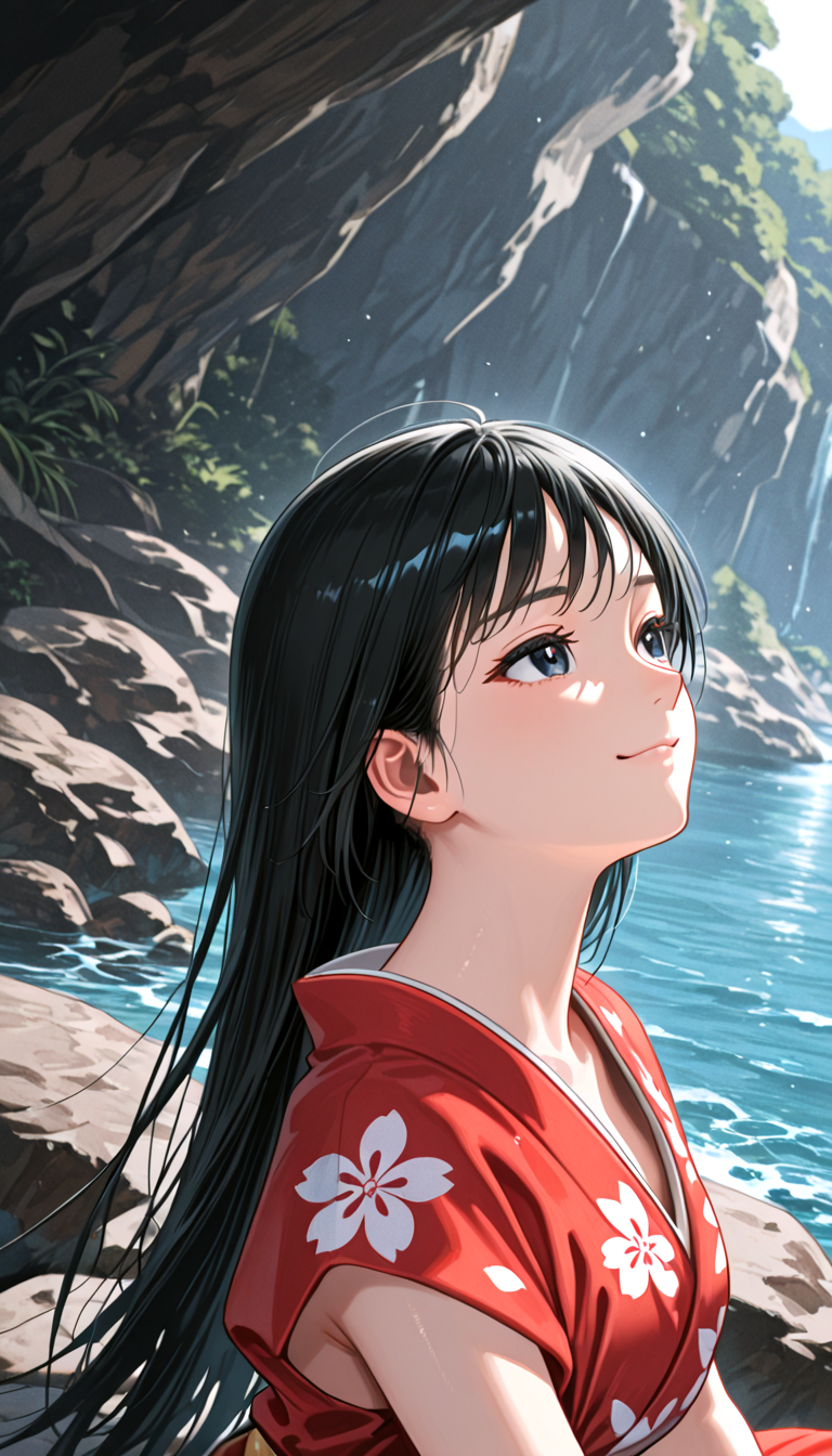 IllusP0s, masterpiece, best quality, amazing quality, very aesthetic, absurdres, newest, ((dynamic angle:1.4)), (detailed eyes:1.4),((ultra detailed hair:1.4))
BREAK
1girl,s4y4k4, <lora:Sayaka_-_KamuiGaiden:0.8>, ((black hair)), Straight Hair, red s4yaka_kimono
BREAK
Japan in 1726, Beautiful sea, quay, sitting, Natural, Natural scenery, Natural reef, ((upper body))
kind smile, portrait, looking ahead, Sitting on a natural rock