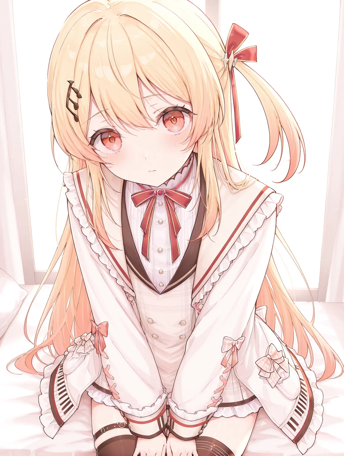 masterpiece,best quality,amazing quality, 1girl, kanade otonose, solo, blonde hair, long hair, red eyes, hair ornament, long sleeves, looking at viewer, bangs, virtual youtuber, dress, bow, red bow, thighhighs, jacket, white jacket <lora:Kanade_Otonose:1>