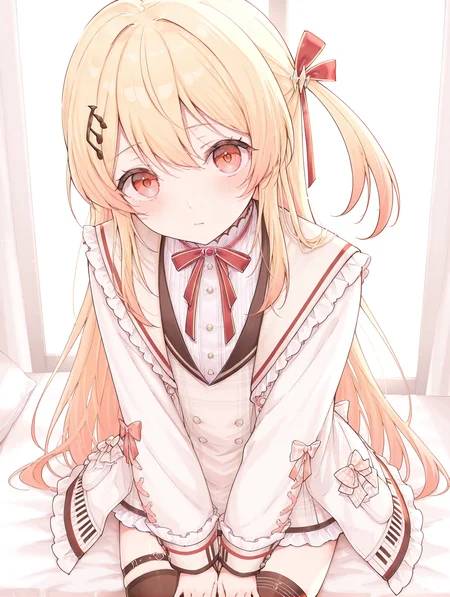 masterpiece,best quality,amazing quality, 1girl, kanade otonose, solo, blonde hair, long hair, red eyes, hair ornament, long sleeves, looking at viewer, bangs, virtual youtuber, dress, bow, red bow, thighhighs, jacket, white jacket <lora:Kanade_Otonose:1>