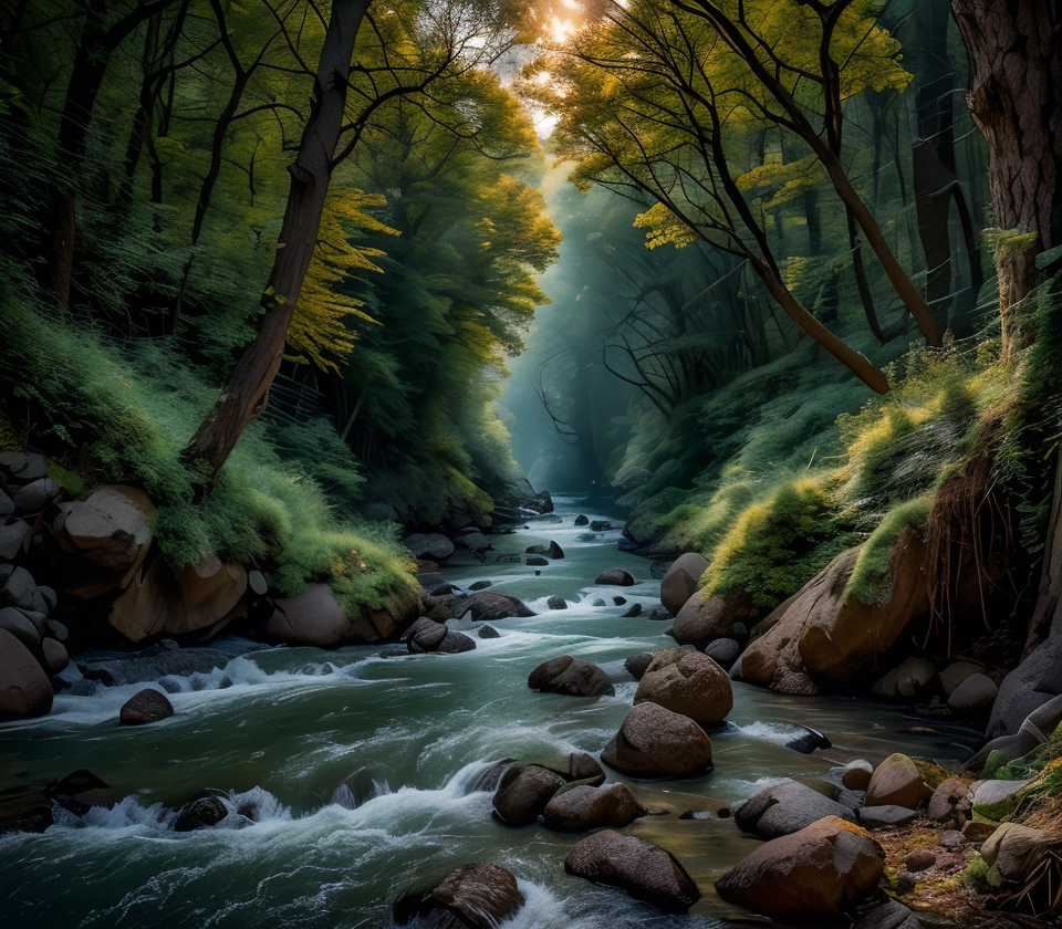 RAW photo, (masterpiece:1.3), subsurface scattering, heavy shadow, (high quality:1.4), (intricate, high detail:1.2), professional photography, HDR, High Dynamic Range, realistic, ultra realistic, photorealistic, high resolution, film photography, ambient lighting, atmospheric effects, <lora:detail_slider_v4:2>, OverallDetail,  <lora:FantasyRiver:1>, fantri, a fast flowing river in a dark and sinister forest, a small bridge, epiCphoto