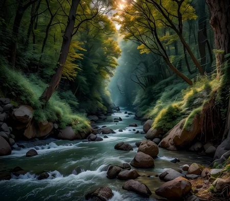 RAW photo, (masterpiece:1.3), subsurface scattering, heavy shadow, (high quality:1.4), (intricate, high detail:1.2), professional photography, HDR, High Dynamic Range, realistic, ultra realistic, photorealistic, high resolution, film photography, ambient lighting, atmospheric effects, <lora:detail_slider_v4:2>, OverallDetail, <lora:FantasyRiver:1>, fantri, a fast flowing river in a dark and sinister forest, a small bridge, epiCphoto