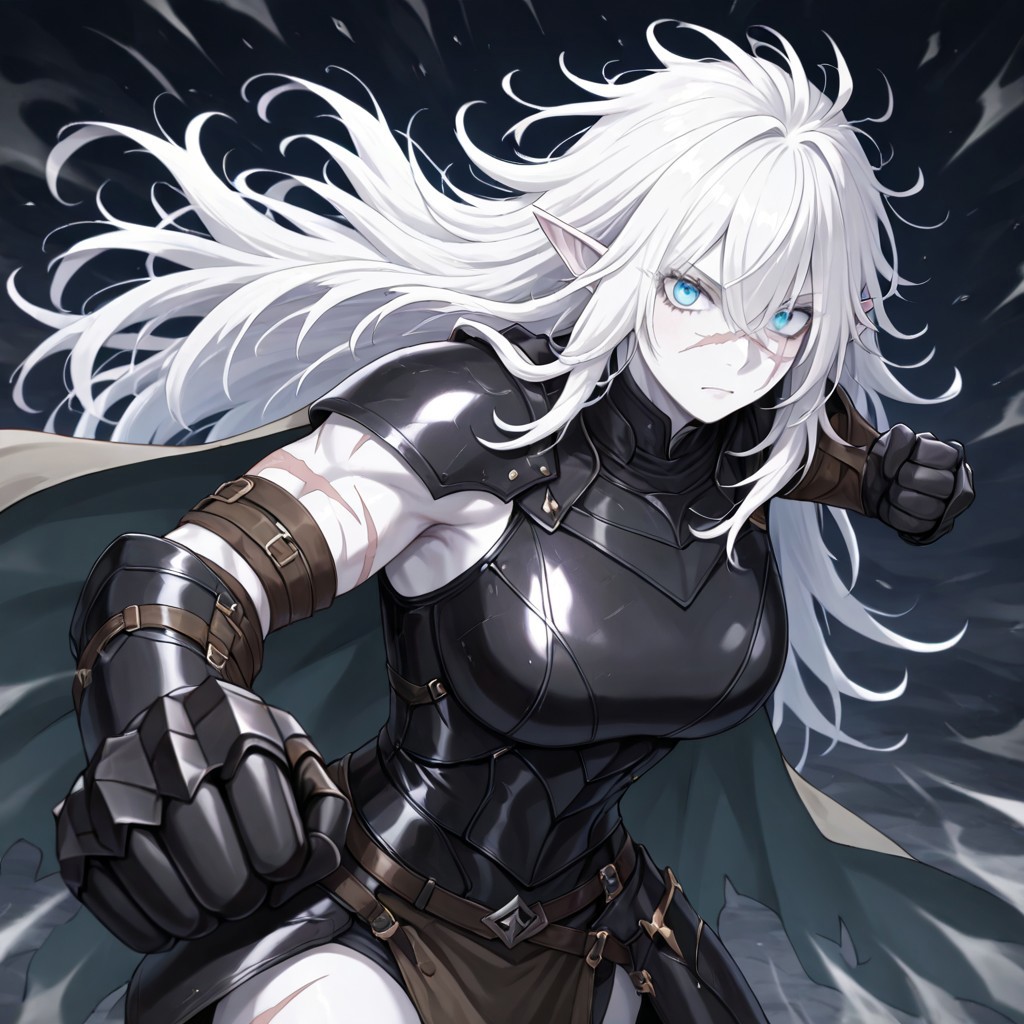 masterpiece, best quality, newest, absurdres, highres, 
INCPUV1.0, punching, incoming attack, incoming punch,
1girl, pale, white skin, colored skin, pale skin, elf, pointy ears, muscular woman, armor, cape, leather armor, scar, scars on face, white hair, long hair, messy hair, black armor, black leather, blue eyes
