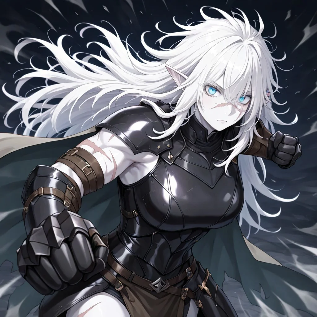 masterpiece, best quality, newest, absurdres, highres, 
INCPUV1.0, punching, incoming attack, incoming punch,
1girl, pale, white skin, colored skin, pale skin, elf, pointy ears, muscular woman, armor, cape, leather armor, scar, scars on face, white hair, long hair, messy hair, black armor, black leather, blue eyes
