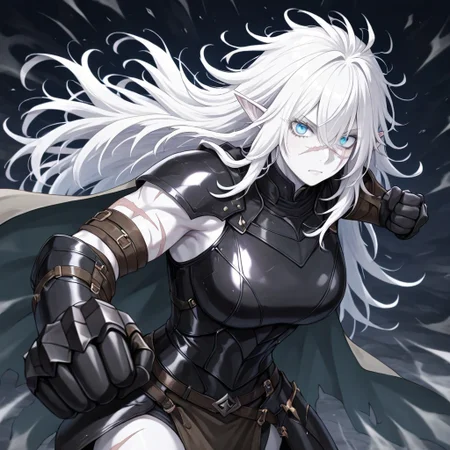 masterpiece, best quality, newest, absurdres, highres,
INCPUV1.0, punching, incoming attack, incoming punch,
1girl, pale, white skin, colored skin, pale skin, elf, pointy ears, muscular woman, armor, cape, leather armor, scar, scars on face, white hair, long hair, messy hair, black armor, black leather, blue eyes