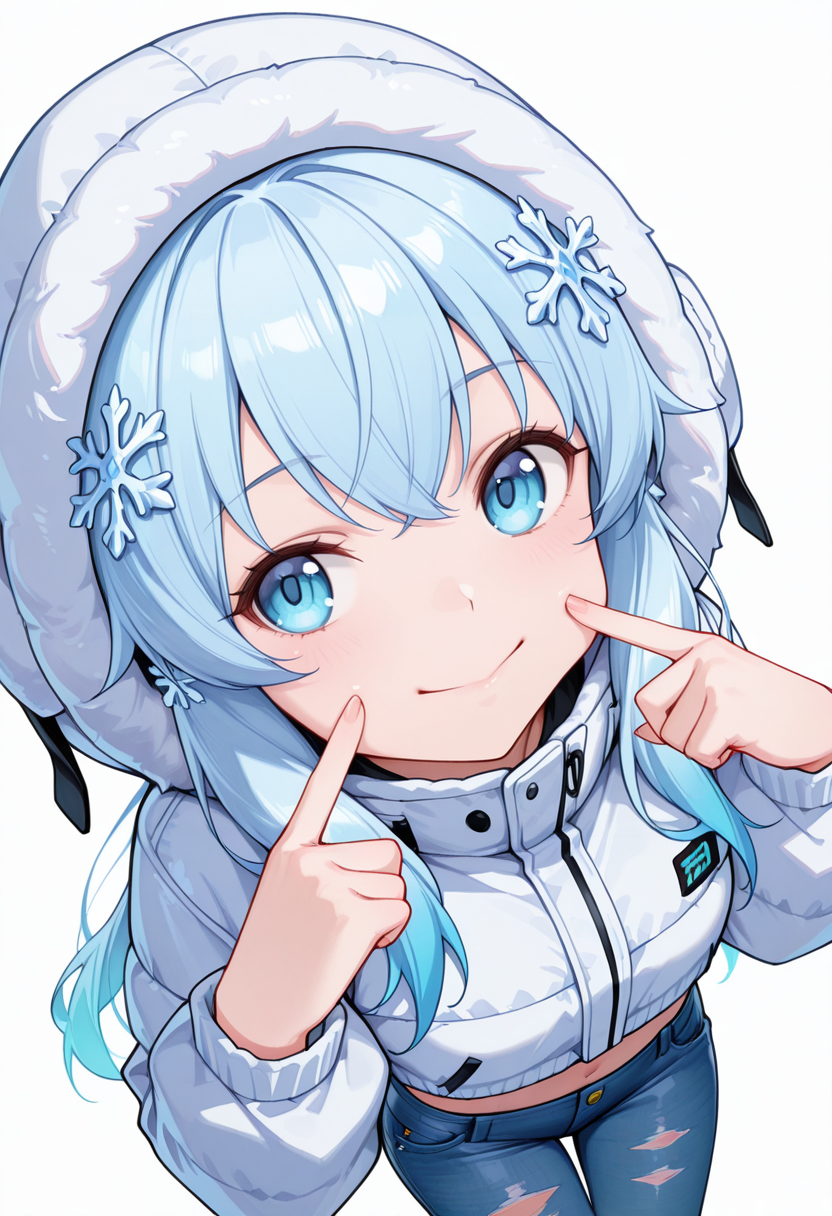 Smooth Quality,masterpiece,very intricate, high quality details, ultra realistic, high detailed skin,detailed enviorement,absurdres,
v,
 <lora:Yusa_CNR:0.8> yusa_cnr,1girl, blue hair, long hair, bangs, blue eyes,snowflake hair ornament,gradient hair,, fingersmile,, simple background, white background, dynamic angle,solo,, parka,  ,crop jacket,   ,ripped jeans, ,