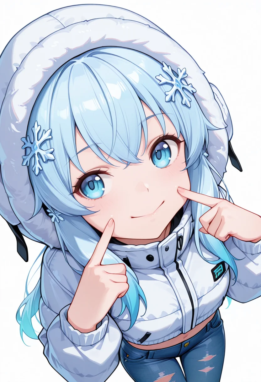 Smooth Quality,masterpiece,very intricate, high quality details, ultra realistic, high detailed skin,detailed enviorement,absurdres,
v,
<lora:Yusa_CNR:0.8> yusa_cnr,1girl, blue hair, long hair, bangs, blue eyes,snowflake hair ornament,gradient hair,, fingersmile,, simple background, white background, dynamic angle,solo,, parka, ,crop jacket, ,ripped jeans, ,