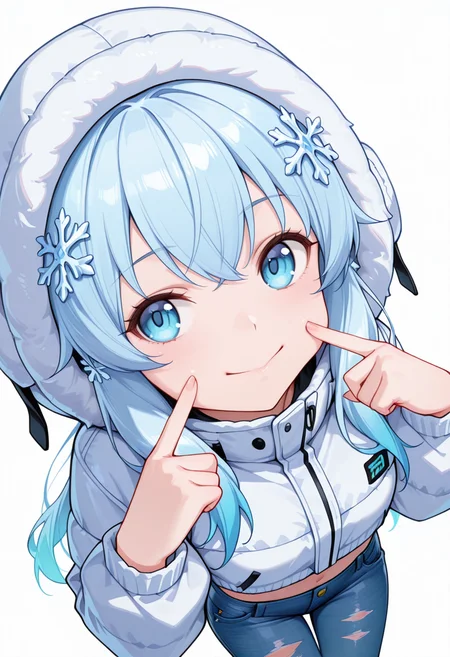 Smooth Quality,masterpiece,very intricate, high quality details, ultra realistic, high detailed skin,detailed enviorement,absurdres,
v,
 <lora:Yusa_CNR:0.8> yusa_cnr,1girl, blue hair, long hair, bangs, blue eyes,snowflake hair ornament,gradient hair,, fingersmile,, simple background, white background, dynamic angle,solo,, parka,  ,crop jacket,   ,ripped jeans, ,