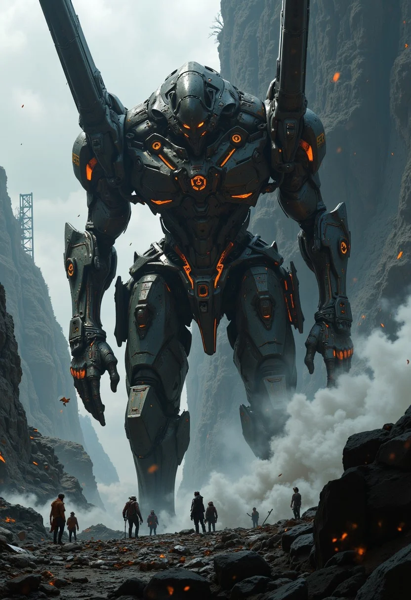 Highly detailed and dramatic digital artwork featuring a futuristic, dystopian scene. The layout is vertical, showcasing a massive, armored mech towering over a group of smaller figures. The mech is about 75 meters tall, elegant futuristic design, with four very long arms. The mech is colored in dark gray and glowing orange with intricate mechanical details, glowing orange details and lights, glowing orange helmet. The smaller figures, resembling civilians, are looking up at the mech. The background features a towering, dilapidated structures shrouded in mist and smoke, contributing to the ominous atmosphere. The color palette is dominated by muted grays and blues, with contrasting orange highlights from the mech's lights and scattered embers. The scene conveys a sense of impending conflict and technological advancement in a post-apocalyptic setting. <lora:FluxMythP0rtr4itStyle:0.6> <lora:flux.1_lora_flyway_Epic-Characters_v1:0.6> <lora:Elden_Ring_-_Yoshitaka_Amano:0.33>