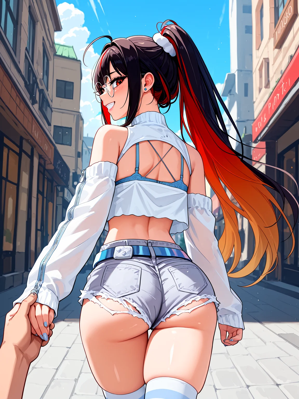 1girl, solo focus, moranoffdutyqueen, red eyes, bare shoulders, large breasts, cleavage, midriff, navel, blue nails, nail polish, <lora:Moran_Off-Duty_Queen_IL:1>, BREAK,
black hair, red hair, brown hair, multicolored hair, streaked hair, colored inner hair, very long hair, high ponytail, hair scrunchie, ahoge, hair intakes, blunt bangs, double-parted bangs, long sidelocks, BREAK,
round eyewear, stud earrings, crop top, white camisole, halterneck, cleavage cutout, necklace, lingerie, bra peek, blue bra, BREAK,
shoulder cutout, detached sleeves, white sleeves, sleeves past wrists, sleeve zipper, zipper pull tab, BREAK,
torn shorts, grey shorts, short shorts, denim shorts, belt, white thighhighs, BREAK,
smile, teeth, blush, looking at viewer, looking back, ass, BREAK,
from behind, walking, holding hands, pov hands, clothed female nude male, BREAK,
outdoors, city, street, blue sky, cloudy sky