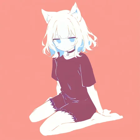 best quality, very aesthetic, absurdres,
(limited palette, flat color:1.6), [light purple|pink|orange] theme, (outline,bolder:-1.5), (bob cut:-1)
1girl,solo, white hair, short hair, (wolf cut:1.2), cat ears,blue eyes, blunt bangs,wavy hair, sidelocks, white skin,black choker, violet oversized t-shirt,denim shorts,jitome,narrowed eyes, 
small breasts, sitting on floor, wariza, 
simple light pink background,
<lora:StS_age_slider_v1_initial_release:1>,<lora:No_outline:1.2>,<lora:Wolf_Cut:0.5>