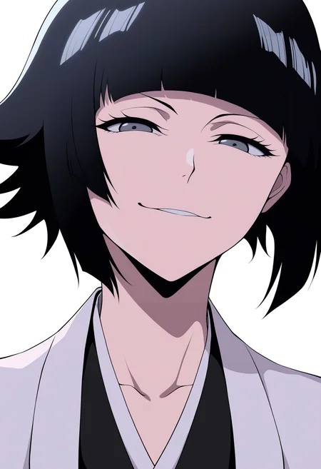 masterpiece, best quality, very aesthetic, absurdres,
1girl, soifontybw, short hair, black hair, grey eyes,
japanese clothes, black hakama,
upper body, smile,
solo, looking at viewer, simple background, white background <lora:SoifonNoobXL_byKonan:1>