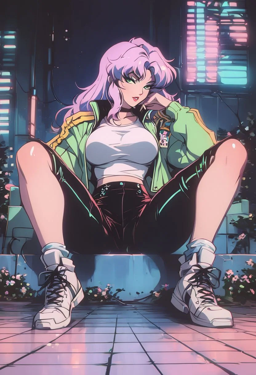 score_9, score_8_up, score_8, Vintage, 1990s \(style\), retrowave, Daki, solo, white sneakers, spread out tech streetwear biker jacket, no bra, tech streetwear skirt, relaxed pose, full body portrait, closup, front view, (side view:0.8), from below, dark style, night, indoors, pale skin, green eyes, highly detailed,