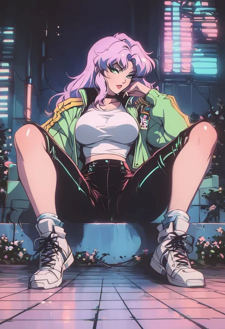 score_9, score_8_up, score_8, Vintage, 1990s \(style\), retrowave, Daki, solo, white sneakers, spread out tech streetwear biker jacket, no bra, tech streetwear skirt, relaxed pose, full body portrait, closup, front view, (side view:0.8), from below, dark style, night, indoors, pale skin, green eyes, highly detailed,