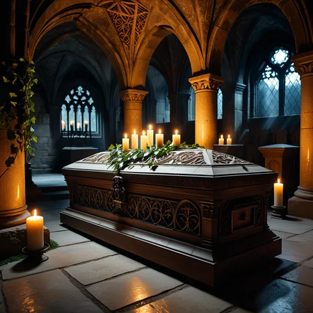 horror-themed A dramatic and atmospheric photograph of the interior of an ancient crypt, dimly lit by flickering candlelight. The crypt features old, cracked stone walls covered in moss and ivy, with intricate carvings and Gothic details etched into the stone. At the center of the crypt lies an ornate vampire coffin, made of dark, polished wood with silver and gold inlays, adorned with ancient symbols and intricate Gothic patterns. The coffin is slightly ajar, revealing a glimpse of red velvet lining. Surrounding the coffin are scattered bones, dusty cobwebs, and antique candelabras with melting candles, casting eerie shadows across the crypt. The mood is dark, mysterious, and hauntingly beautiful, with subtle rays of pale moonlight filtering through a small, broken stained-glass window.
<lora:SDXLFaeTastic2400:0.4> <lora:extremely_detailed:0.4> extremely detailed,, eerie, unsettling, dark, spooky, suspenseful, grim, highly detailed, Masterpiece,best quality,hi res,8k,hi res,8k,award winning,(sharp focus, intricate, highly detailed),