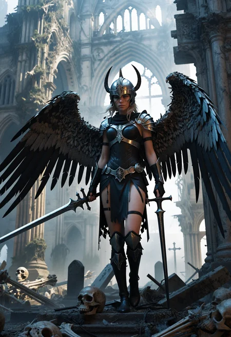 fantasy illustration, 1girl, solo, valkyrie, skinny, wing-helmet, closed visor, cathedral ruins made of bones, covered in blades, graveyard, nebulous miasma, ominous atmosphere, (chromatic aberration:1.2) <lora:dmd2_sdxl_4step_lora>