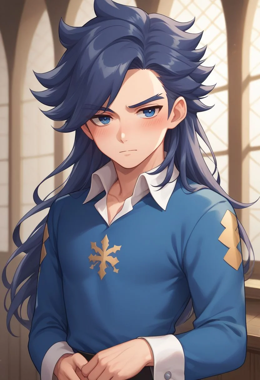score_9, score_8_up, source_anime, highly detailed, 1boy, solo, male_focus
janne,
1boy, long hair, blush, male focus, long hair, blue hair, spikder hair, shirt, blue eyes, blue shirt,
collared shirt,
indoor, medieval,