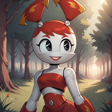 score_9, score_8, BREAK, Jenny Wakeman, XJ-9, Hot Rod Jenny, female, 1girl, solo, robot girl, red pigtails, flame pattern, red boots, red skirt, red tube top, white skin, red lips, black eyes, shiny skin, shiny hair, shiny clothing, sexy pose, self portrait, smile, outdoors, sunlight, shadows, evening lighting, natural lighting, forest, trees, grass, orange sky, sunset
